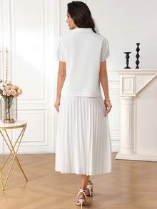 Miaspire White V Neck Puff Sleeve Blouse & Pleated Midi Skirt Set Elegant Casual Business Office Work Outfit White Dress White Top White Skirt Pleated Skirt Elegant Dresses For Women Casual Dresses For Women Business Outfits For Women Office Outfits For Women Work Outfits For Women,Summer Set,Office Outfits For Women,Work Outfits For Women,Graduation Outfit For Mother,Summer Outfits For Women - White - View 3