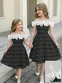 少女优雅荷叶边拼接收腰连衣裙，夏季 - 黑色 - 查看 4