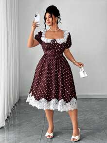 Elenzga Vestido de encaje con lunares de talla grande, cuello cuadrado, parche de encaje, manga abullonada, cintura alta, dobladillo con volantes, empalme de encaje, estilo vintage francés romántico, elegante y casual - Café integral - Ver 1
