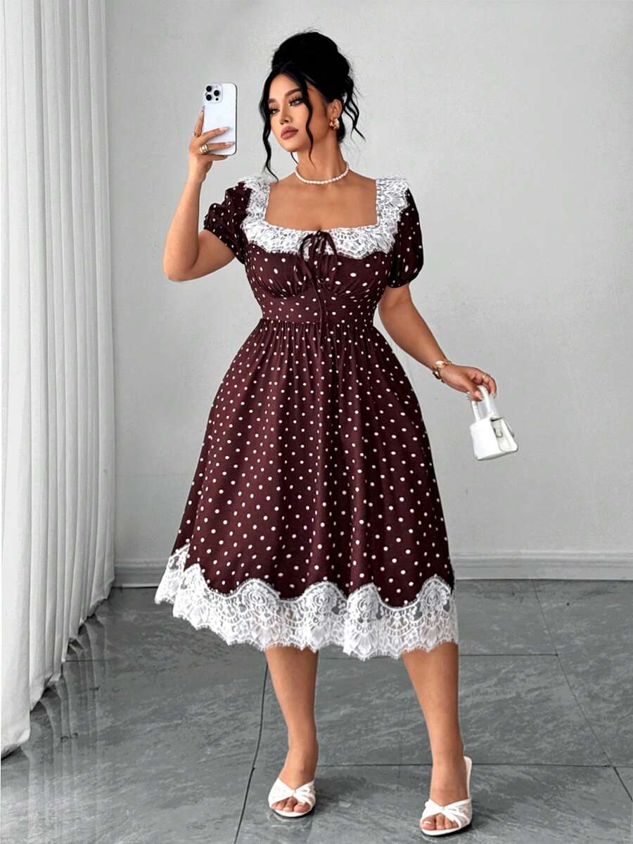 Elenzga Vestido de encaje con lunares de talla grande, cuello cuadrado, parche de encaje, manga abullonada, cintura alta, dobladillo con volantes, empalme de encaje, estilo vintage francés romántico, elegante y casual - Café integral - Ver 1