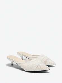 Women Lace Mesh Backless Mule Shoes, New Summer 2025 Fashion Pointed Toe High Heels Mini Heels Sandals, Elegant Lady Style - White - View 2