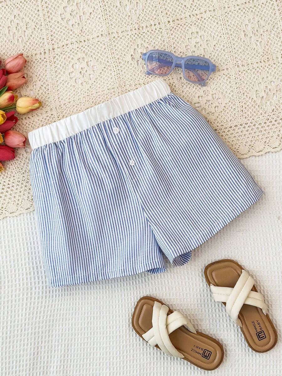 SHEIN Quần short dáng rộng kẻ sọc, có cúc trang trí, thích hợp cho bé gái tuổi teen, phù hợp mặc đi học, chơi thể thao, hoặc mặc đôi mẹ con. - Xanh và trắng - Xem 1