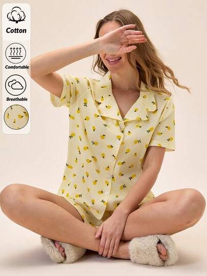 Loomlin Women Cotton 2pcs Yellow PineApple Pattern Button Front With Short Sleeved Shirt&Shorts Homewear Comfort Casual Pajama Set Yellow Pajamas For Women Lemon Pajama Set Pajama Shirt For Women Yellow Pj Set Sleep Wear Women Summer