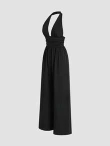 Sweetra Elegant Black Deep V-Neck Cinched Waist Wide Leg Jumpsuit, Suitable For Commuting And Gatherings, Spring/Summer - Black - View 3