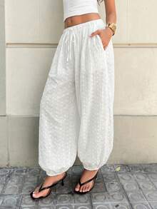Siren Gaze Women's Drawstring Waist Embroidered Casual Harem Pants, Versatile For Daily Wear - White - View 8