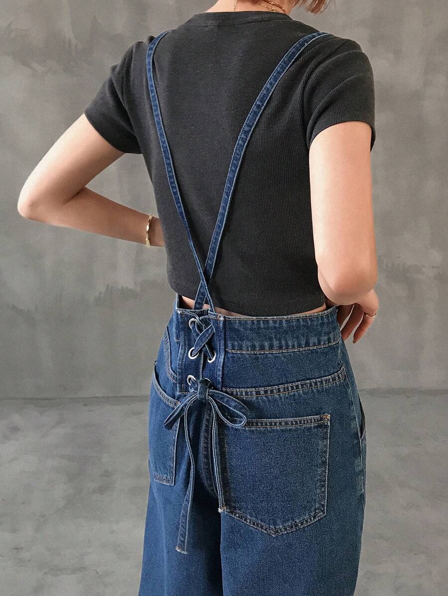 FRIFUL 女士宽松休闲牛仔连体裤，后腰处采用钥匙孔系带设计 - 藍色 - 查看 1