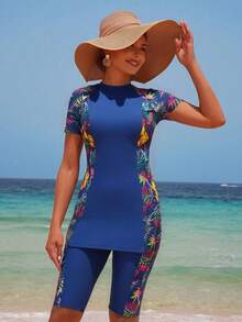 Swim Mulvari Bộ đồ bơi nữ mùa hè mới, cổ tròn, tay ngắn ôm sát + quần short in họa tiết và màu trơn 5 phút, kiểu dáng thoải mái, thích hợp cho kỳ nghỉ. - Nhiều màu - Xem 3
