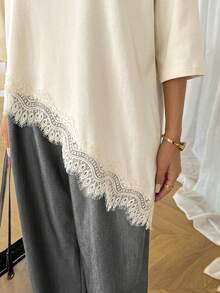 SHEIN LUNE Camiseta básica de mujer de uso diario para primavera y verano, de unicolor, con dobladillo asimétrico y parches de encaje - Albaricoque - Ver 7
