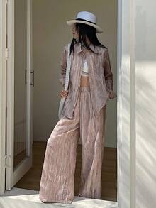 DAZY Women's Casual Cashew Print Drop Shoulder Long Sleeve Button-Up Shirt And Pants 2-Piece Set - Pink - View 2