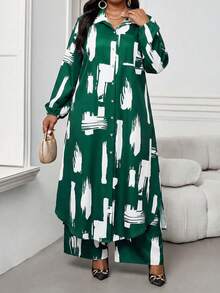 SHEIN Lady Chemise tressée élégante et décontractée à manches évêque avec poches, manches longues, grande taille, convient pour le printemps, l'été, l'automne et l'hiver. Tenue de bureau élégante pour les navetteurs, grande taille. Vêtements d'été pour femmes, tenue de vacances. Tenue de vacances pour femmes en deux pièces. Vêtements d'été, tenue de printemps pour femmes. Ensembles de sport pour femmes, tenues décontractées pour femmes en 2 pièces - Vert - Voir 5
