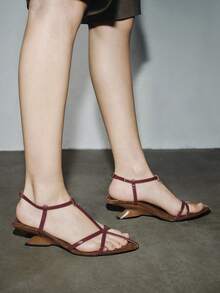 2025 法国皮革尖头坡跟时尚简约系带凉鞋，适合女士，鞋头空间约 3.2 厘米 - 3.6 厘米 - 紅色 - 查看 6