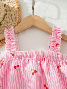SHEIN 1pc Young Girl Summer New Off-Shoulder Sleeveless Ruffled Jumpsuit, Cherry Striped Print Fabric, Minimalist Retro Casual Vacation Outfit - Pink - View 6