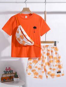 SHEIN Bộ đồ 2 mảnh dành cho bé trai tuổi teen, kiểu dáng tối giản, in hình cây cọ, gồm áo thun ngắn tay và quần short, thích hợp cho mùa hè. - trái cam - Xem 5
