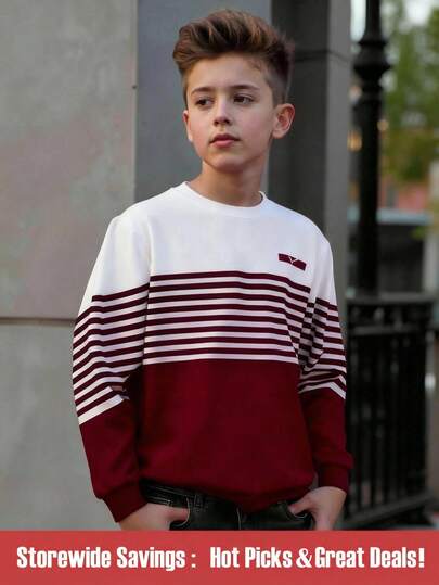 Sudadera con capucha informal y elegante con estampado de rayas minimalista para niño preadolescente, cómoda y cálida para otoño/invierno