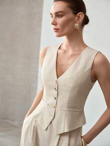 MOTF PREMIUM ELEGANT SINGLE-BREASTED COMMUTER SLEEVELESS JACKET - White - View 4