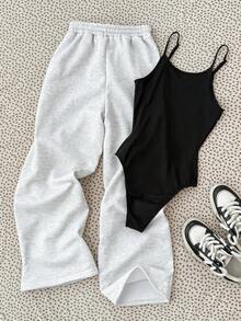 SHEIN 少女针织黑色吊带连体裤和灰色阔腿裤休闲套装 - 黑色 - 查看 2