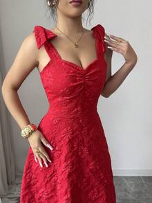 Elenzga Women's Bowknot Strap Textured Jacquard Cinched Waist Camisole Dress - Red - View 4