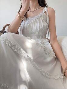 FRIFUL Đầm dài hai dây nhiều lớp xếp nếp ngọt ngào dành cho nữ. - trắng - Xem 6