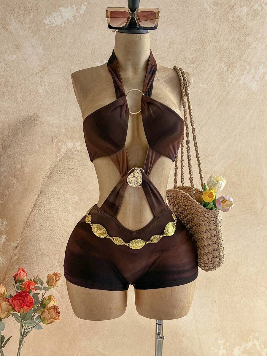 Soleia New Casual Vacation Western Beach Wedding Guest Attire, Graduation Brunch, St. Patrick's Day, Spring Break, Easter, Music Festival, Elegant Boho Tropical, Valentine's Day, Christmas Sexy Backless Halter Gradient Metallic Cutout Jumpsuit For Women - Multicolor - View 1