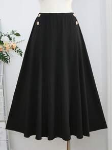 Seusyu Plus Size Women Elegant Casual Waist Cinched Asymmetric Hem Button Decor Skirt, Spring/Summer - Brown - View 1