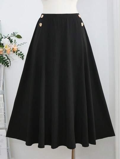 Seusyu Plus Size Women Elegant Casual Waist Cinched Asymmetric Hem Button Decor Skirt, Spring/Summer