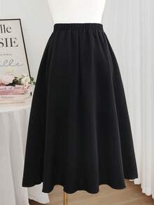 Modelyn Asymmetrical Patchwork High Waist Slimming Flared Skirt, Plus Size - Black - View 2