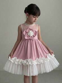 SHEIN Young Girl Floral 3D Mesh Patchwork Princess Dress - Pink - View 2