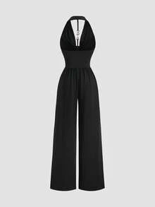 Sweetra Elegant Black Backless Metal Buckle Halter Waist Wide Leg Jumpsuit, Suitable For Party And Gathering, Spring/Summer - Black - View 2