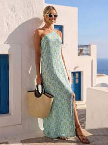 Vivid Eden Vacation Halter High Slit Bohemian Style Multicolor Print Women Dress, Green Beach Pool Sundress, Italian Summer - Aqua Blue - View 8