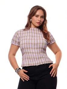 Solavibe 大码女式夏季休闲格子印花抽绳修身衬衫 - 駝色 - 查看 4