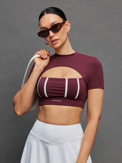 Activina Camiseta deportiva corta de manga corta con diseño de rayas y calado para mujer