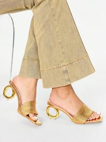 Glitzique 女士方头露趾不对称高跟凉鞋，时尚优雅的金属带凉鞋，适合任何场合 - 金色 - 查看 5