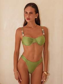 Swim Chiccia 两件套特制面料钢圈抹胸上衣和比基尼泳裤优雅泳装套装 - 綠色 - 查看 2