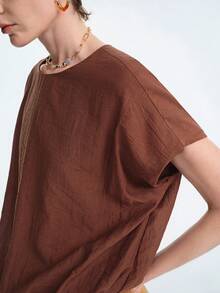 SHEIN Stylify 女士花卉花蕾优雅度假休闲舒适亚麻衬衫，适合办公室和日常穿着 - 棕色 - 查看 6