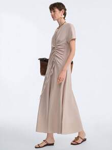 Aalyst Women's Elegant Drawstring Design Office Casual Vacation Long A-Line Dress - Khaki - View 6