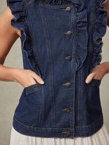 WESTFADE Colete Denim Azul Escuro Elegante de Verão para Brunch Feminino com Gola com Babados, Botões na Frente, Sem Mangas, Mistura de Algodão, Estilo Boho Cowgirl Rodeio Western Country para Concerto - Lavagem escura - Visão 4