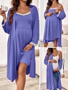 SHEIN 2pcs Maternity Lace Trim Robe And Nursing Function Camisole Dress Casual Set - Blue - View 1