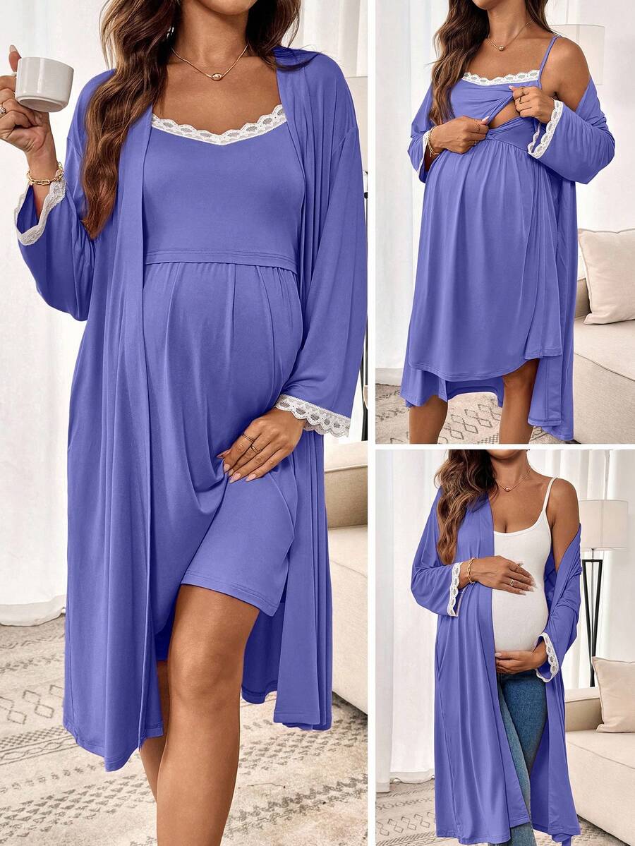 SHEIN 2pcs Maternity Lace Trim Robe And Nursing Function Camisole Dress Casual Set - Blue - View 1