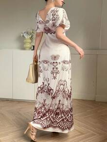 DAZY Spring & Summer Brown Lace Patchwork Floral & Geometric Print Dress, Suitable For Valentine's Day, Wedding, Party, Formal Occasion, Fashion Event, Elegant Commute, Waist-Cinched A-Line Midi Dress, Vacation Chic Sundress - Beige - View 6