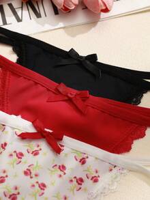 PetitDoll 3pcs/Set Celana Dalam Thong Wanita Motif Bunga Pita Patchwork Renda - MultiWarna - View 6