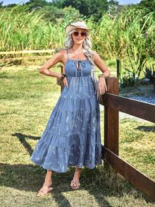 Breezaya 女士西部风格前系带旭日图案吊带牛仔中长连衣裙 - 藍色 - 查看 6