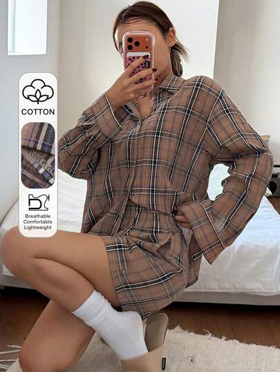 DAZY Plaid Loose Shirt & Shorts Pajama Set For Women