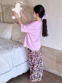 Dazy Kids Tween Girl Spring/Summer/Autumn Contrast Lace Loose Shoulder Top And Wide Leg Pants Pajama Set - Purple - View 4