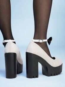 Sugerpunk Giày nữ cao gót đế xuồng màu trơn gợi cảm bằng da lộn, giày thời trang xuân thu với dây buộc nơ đen trang trí mắt cá chân, giày cao gót đế dày, kiểu Mary Jane cổ thấp, phong cách những năm 2000. - trắng - Xem 5