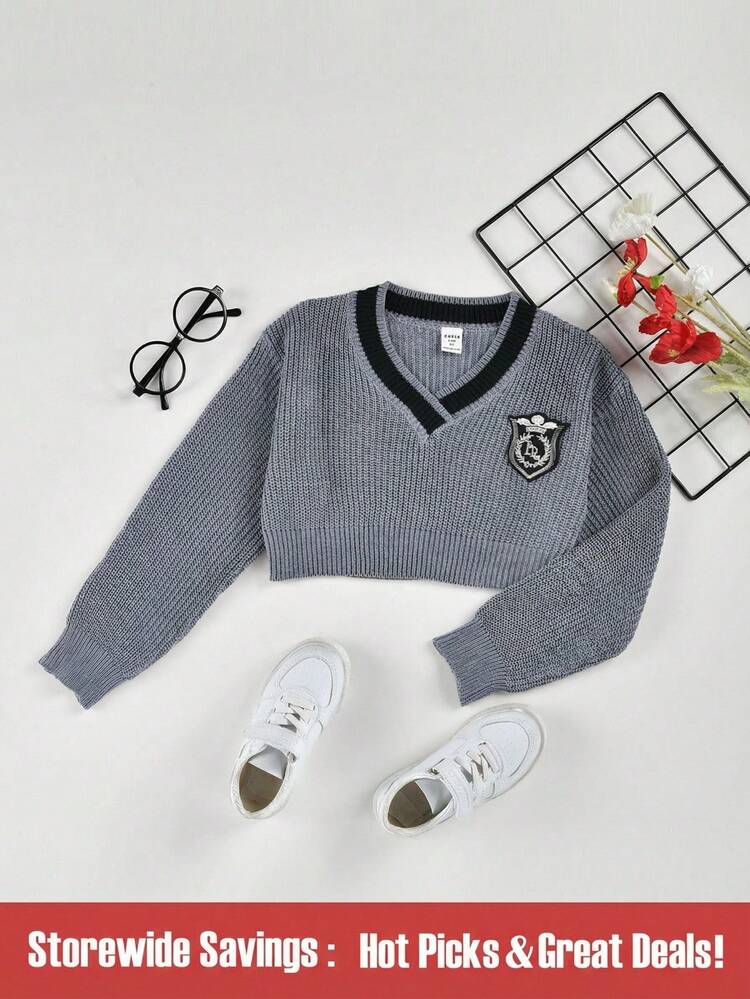 Tween Girls' Embroidered Detail V-Neck Sweater