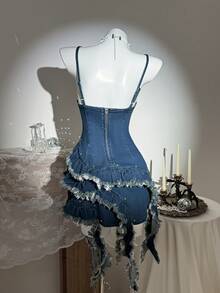 Elamini Women's Summer Casual Beaded Ruffle Trim Denim Slip Dress - Blue - View 2