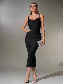 Nuvra Bandage Bodycon Revealing Silhouette Sexy V-Neck Spaghetti Strap Party Dress Tummy Control Dress Bandage Dress For Women Bodycon Maxi Dress Women Long Bodycon Dress Tight Long Dress - Black - View 8