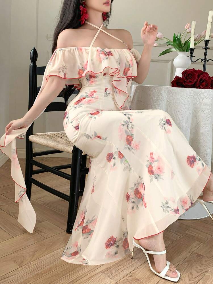 Women's Elegant Floral Off-Shoulder Tie-Up Ruffle Hem Mid-Length Dress, Summer,Wedding Guest Dress Women Sundress