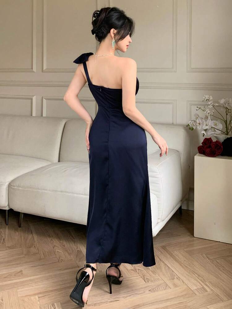 Women's Elegant Solid Color Asymmetric Bowknot Pleated Slit Midi Dress, Summer,Wedding Guest Dress Women Sundress