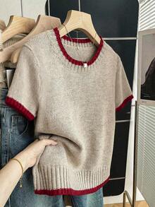 SHEIN Franclia Nueva blusa de punto de verano casual y versátil para mujer con diseño de patchwork y contraste de colores - Color caoba - Ver 1